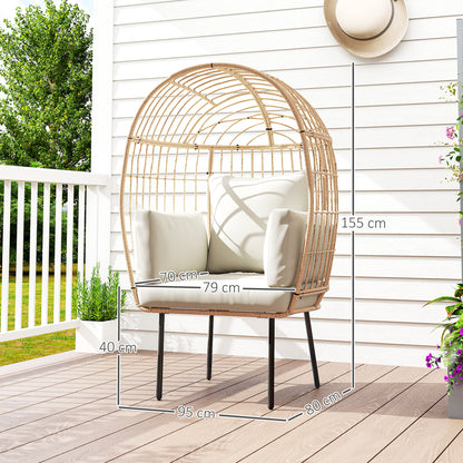 Rotan Ei-Stoel – Rattan Stoel – Tuinstoel – Buitenzetel – Lounge Stoel – Beige – Handgevlochten Rotan – Afneembaar Gewatteerd Kussen – 95x80x155 cm
