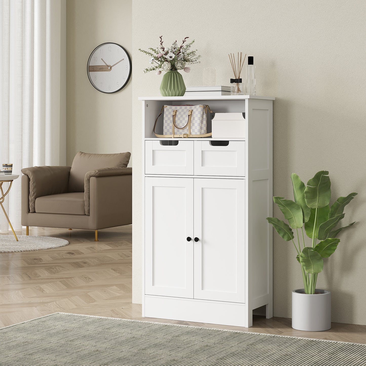 Bathroom Cabinet with 2 Drawers, Door, 60 x 30 x 109 cm, White