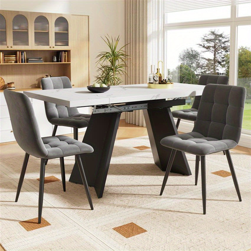 5-delige Eettafelset – Uitschuifbare Eettafel – Eetkamerset voor 4 Personen – Witte Tafel met Platte Poten – Grijze Velvet Stoelen – Ruimtebesparend – Comfortabel Ergonomisch Design