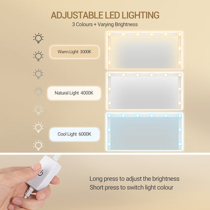 Kaptafel – Make-up Tafel – Dressingspiegel – Toilettafel – Beautymeubel – Klassiek Wit – Grote HD Spiegel – Verstelbare 3-Kleurige LED Verlichting – 5 Lades & 2 Open Vakken – 40x108x149 cm – Houten Constructie