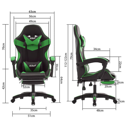 Gamingstoel – Gamestoel – Gaming Chair – Game Stoel – Ergonomische Bureaustoel – Inklapbare Voetensteun – Verstelbare Rugleuning – Duurzaam Roestvrij Stalen Frame – Fris Groene Kleur
