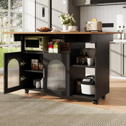 Modern Black Kitchen Island with Demountable Trolley - Heavy-Duty Metal Frame, White/Black Countertop, Multifunctional Mobile Cart, & Dining Table, Space-Saving Design for Small Kitchens, Easy Assembly (No Wood)