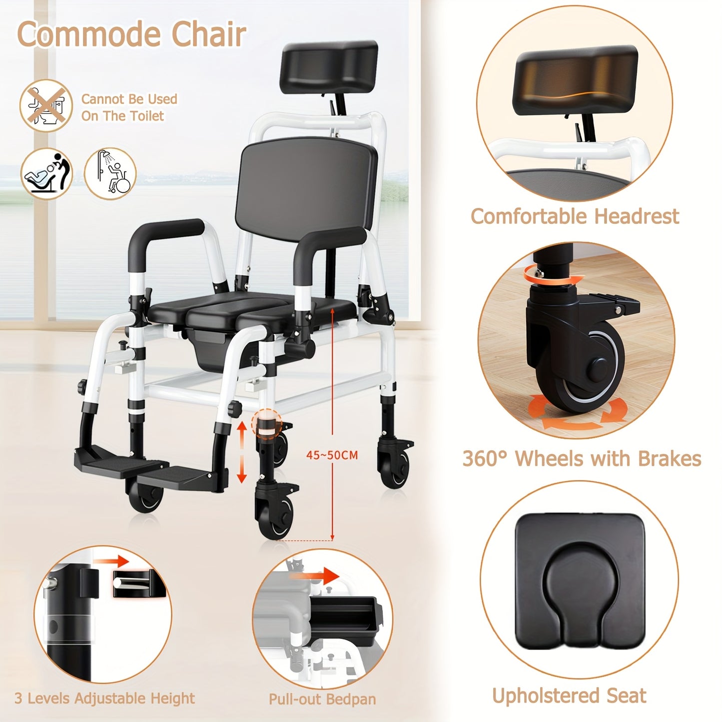 Reclining Shower Chair With Wheels, Mobile Shower Chair With Thickened Soft Seat Cushion, Backrest And Flip-up Armrests, Extra-wide Seat, 90°-140° Adjustable Tilt Bedside Commode Chair, Suitable For The Elderly And Disabled