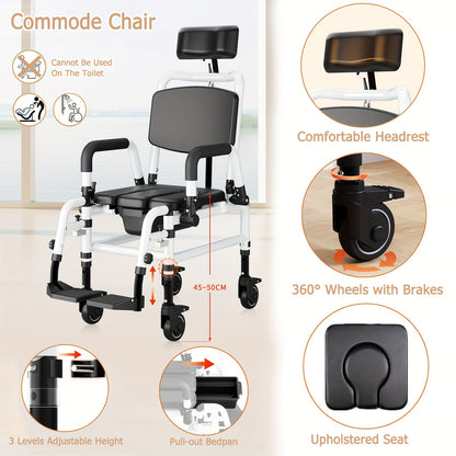 Reclining Shower Chair With Wheels, Mobile Shower Chair With Thickened Soft Seat Cushion, Backrest And Flip-up Armrests, Extra-wide Seat, 90°-140° Adjustable Tilt Bedside Commode Chair, Suitable For The Elderly And Disabled