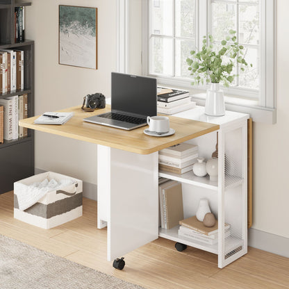 Uittrekbare Eettafel – Inklapbare Tafel – Opvouwbare Eettafel – Uitklapbare Keukentafel – Compacte Werktafel – Wit – 4 Opslagrekken – Duurzaam Metaal