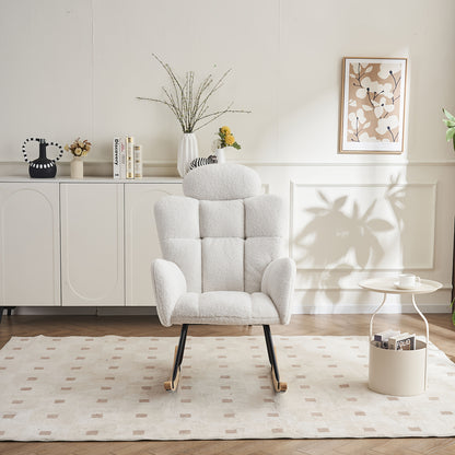 Draaifauteuil – Fauteuil – Relaxstoel – Schommelstoel – Lounge Chair – Wit – Zachte Teddy Bekleding – Massief Houten Frame