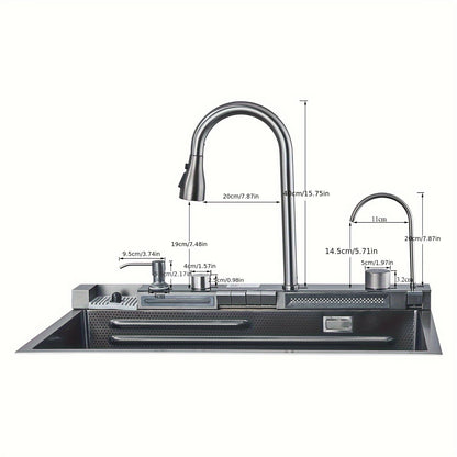 Waterval Spoelbak – Keukenspoelbak – Enkele Kom – Spoeltafel – Spoelbak Met Kraan – Roestvrij Staal – Uittrekbare Sproeikop – Grijs Mat