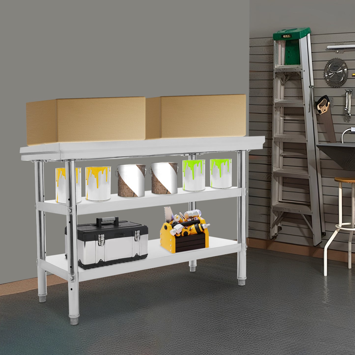 RVS Werkbank – Werktafel – Werkstation – Werkruimte – Werkoppervlak – 3 Lagen – 120x60 cm – Roestvast Staal – Verstelbare Voeten – 100 kg Draagvermogen