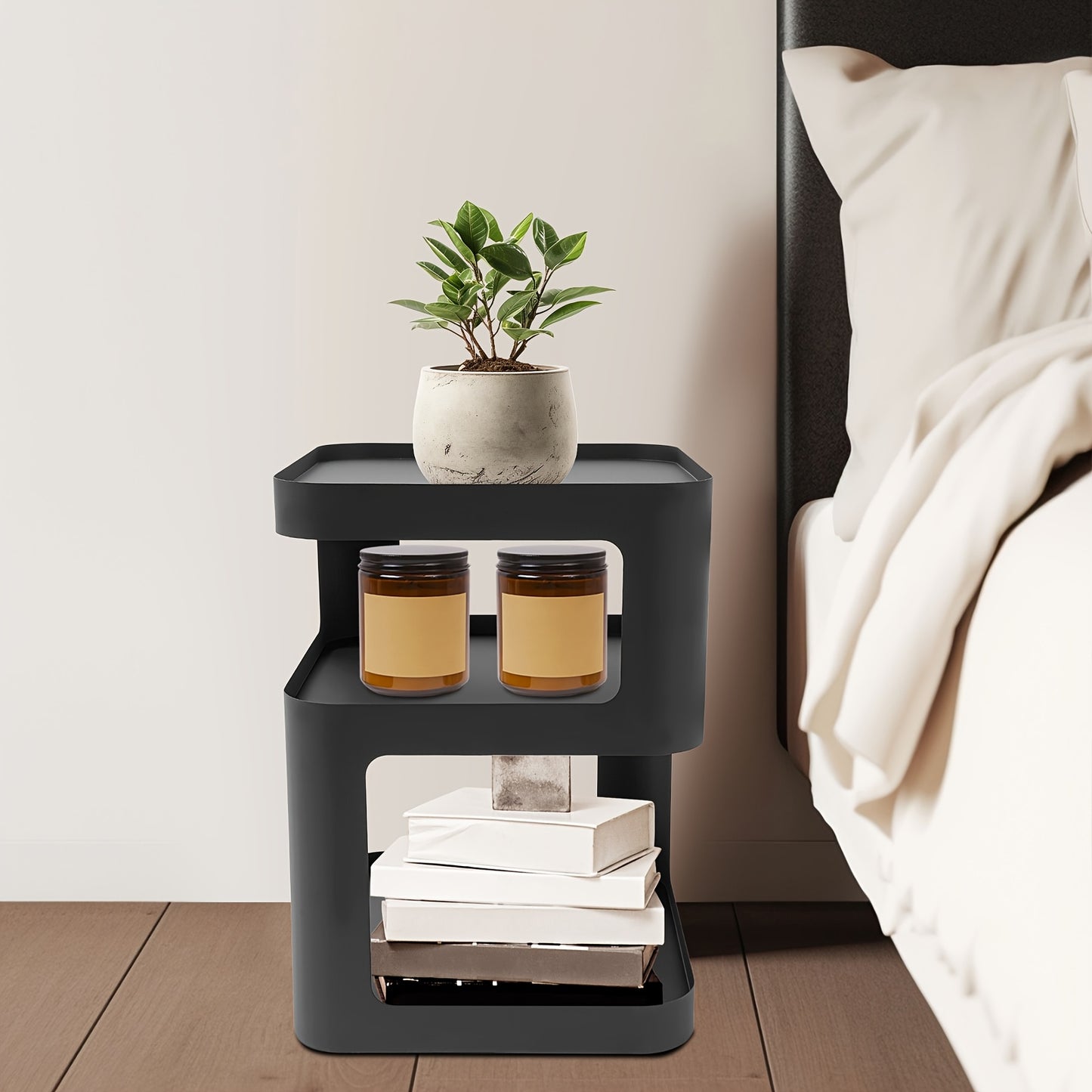 Nachtkastje – Bijzettafel – Ladekastje – Houten Kastje – Wandkast – 3 Lagen – Zwart Metalen Carbonstaal – Compact 40x40x55 cm