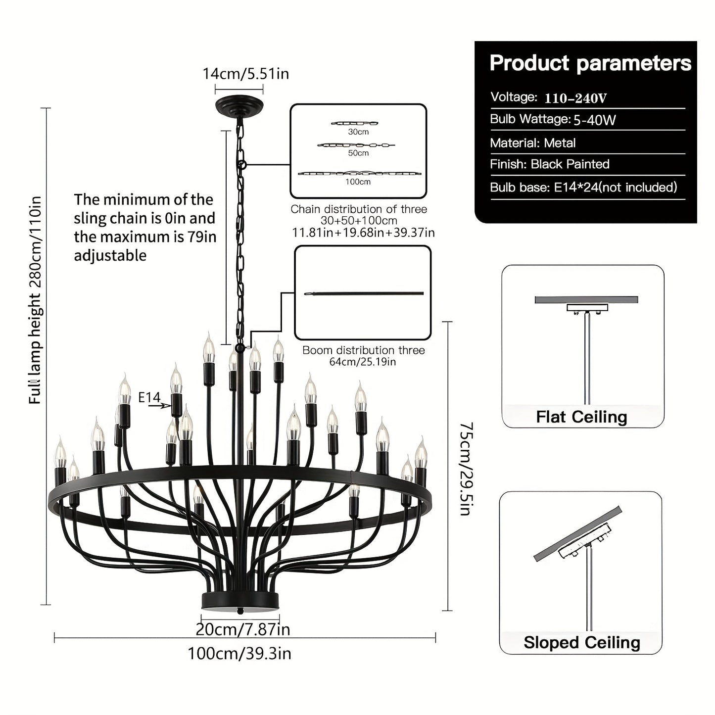Boerderij kroonluchter – landelijke hanglamp – industrieel licht – metalen lamp – grote kroonluchter – 24-lichts E14 fitting – lichtgewicht & modern design – geschikt voor hoge plafonds