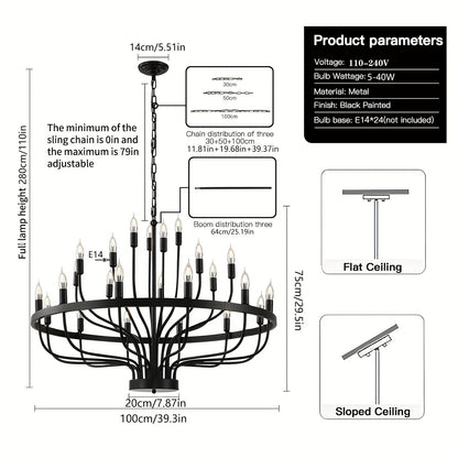 Boerderij kroonluchter – landelijke hanglamp – industrieel licht – metalen lamp – grote kroonluchter – 24-lichts E14 fitting – lichtgewicht & modern design – geschikt voor hoge plafonds