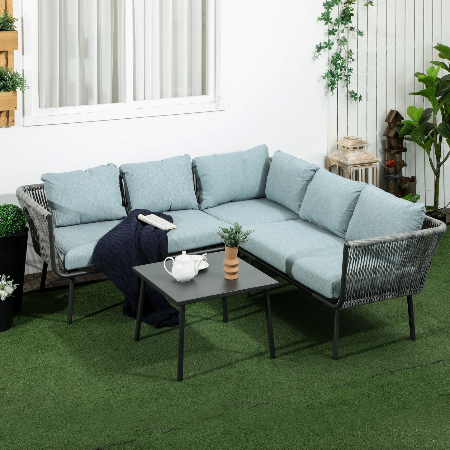 4-delige Hoek Loungeset – Tuinbank – Loungesofa – Buitenbank – Buitenmeubel – Weerbestendig Aluminium Frame – Comfortabele Afneembare Kussens – Grijs