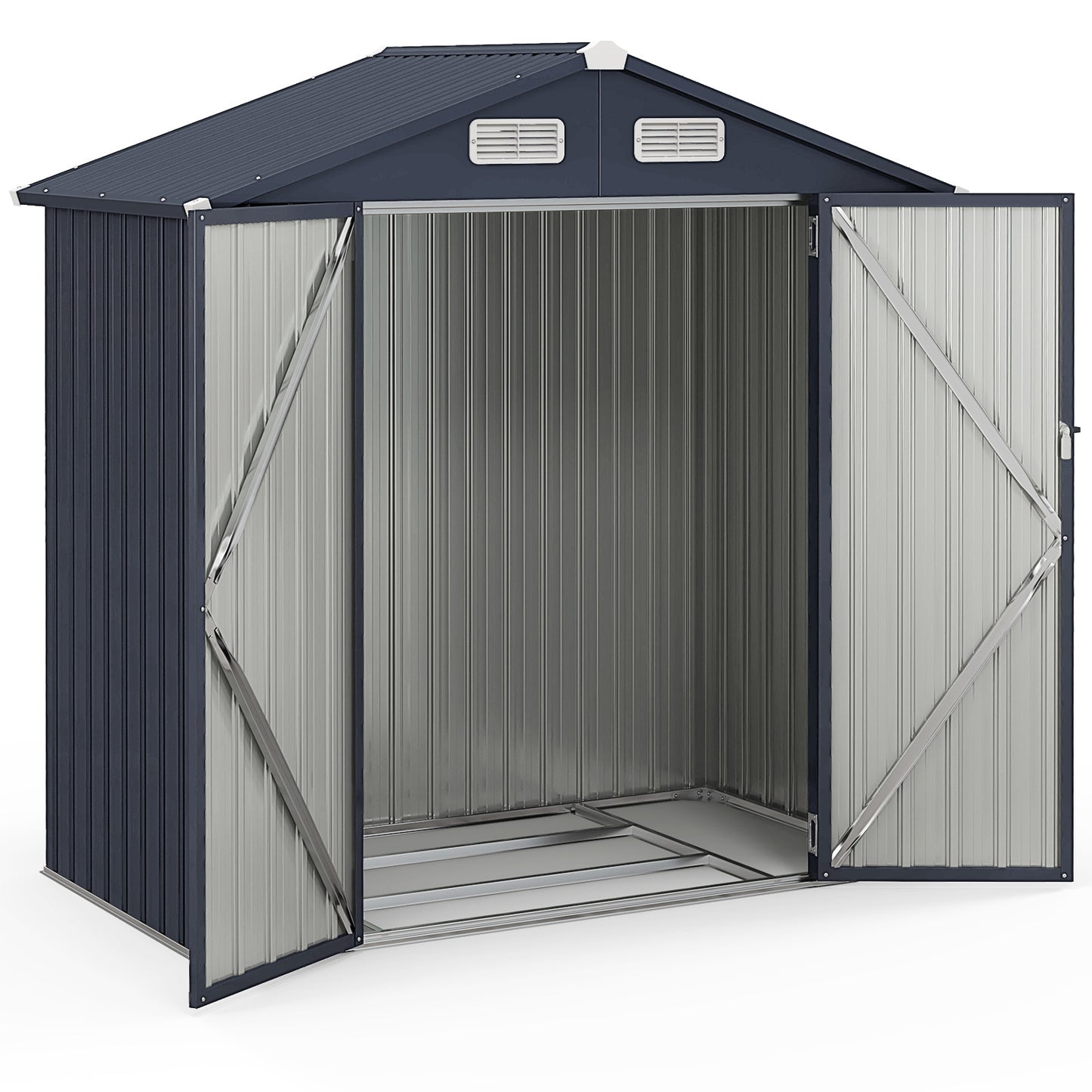 Buitenopslag schuur – Tuinhuis – Gereedschapshuis – Schuur – Opslagruimte – Vergrendelbare Deuren – Water- en Winddicht – Donkergrijs – 6,3’ x 3,5’ / 10’ x 7,7’ – Gegalvaniseerd Staal