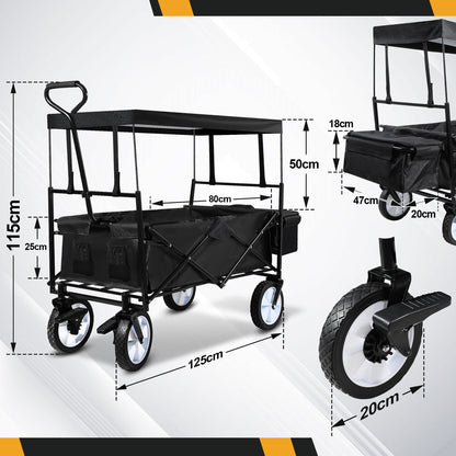 Transportwagen – Vouwkar – Handkar – Tuinkar – Strandkar – Inclusief Beschermend Dak – Stevig Stalen Frame – Zwart