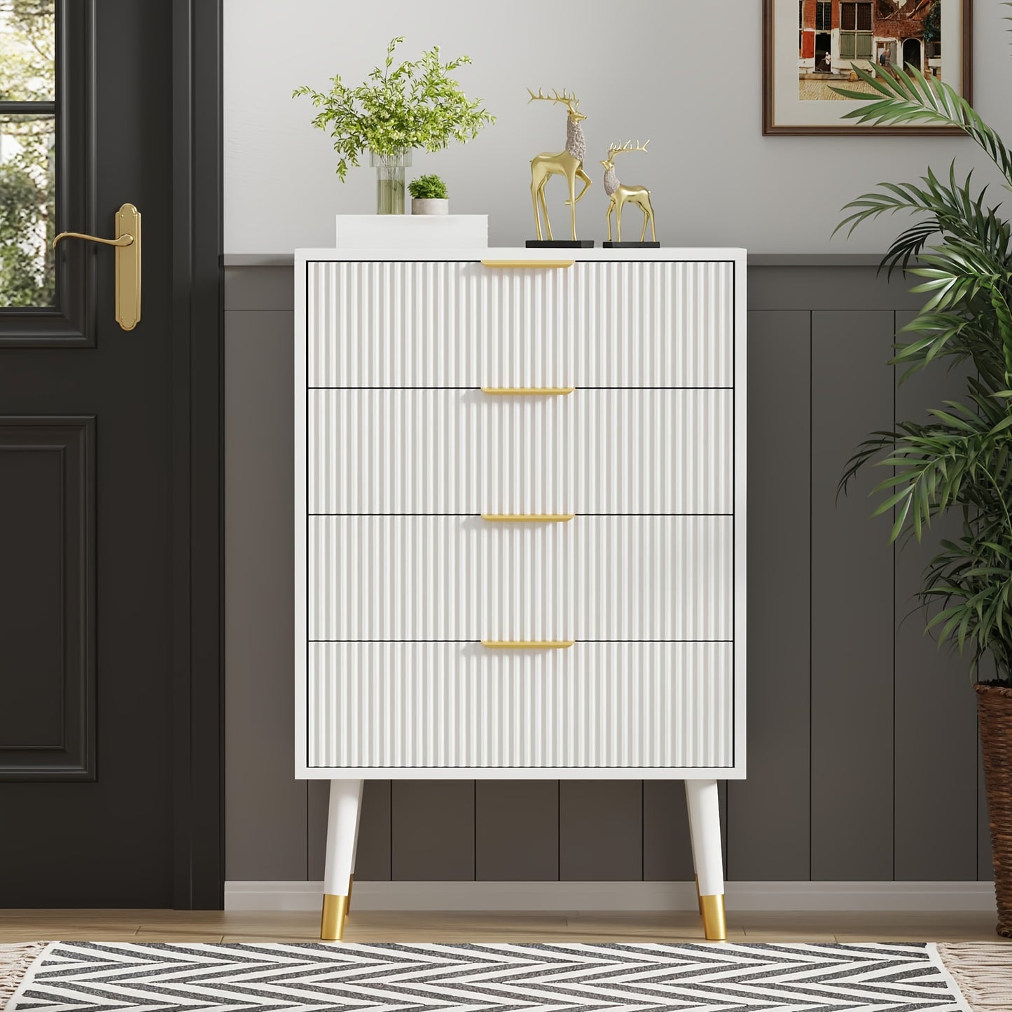 Commode – Ladekast – Dressoir – Kast – Nachtkastje – Wit – Gouden Accenten – 4 Lades – Compact & Ruimtebesparend