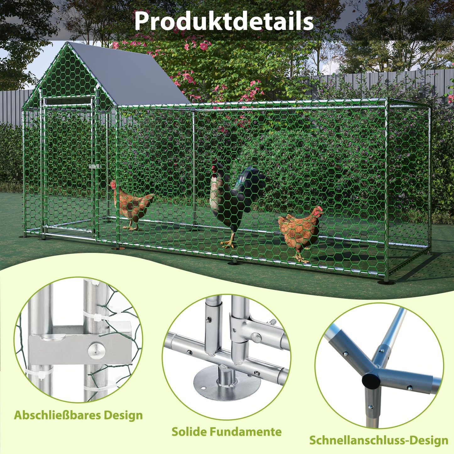 Kippenren – Kippenhok – Buitenren – Dierenren – Pluimveeverblijf – Stevig Metalen Frame – Waterbestendig PE-net – Ruim 3x1x1,5m – Veiligheidsslot