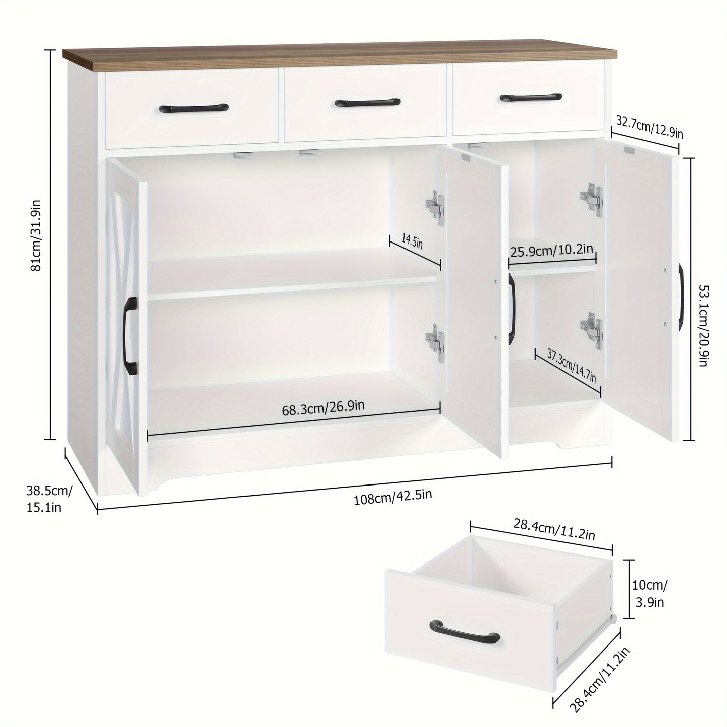Zijboard – Dressoir – Opbergkast – Buffetkast – Kast – Wit-Bruin – 108x38,5x81 cm – Massief Hout & Verstelbare Planken