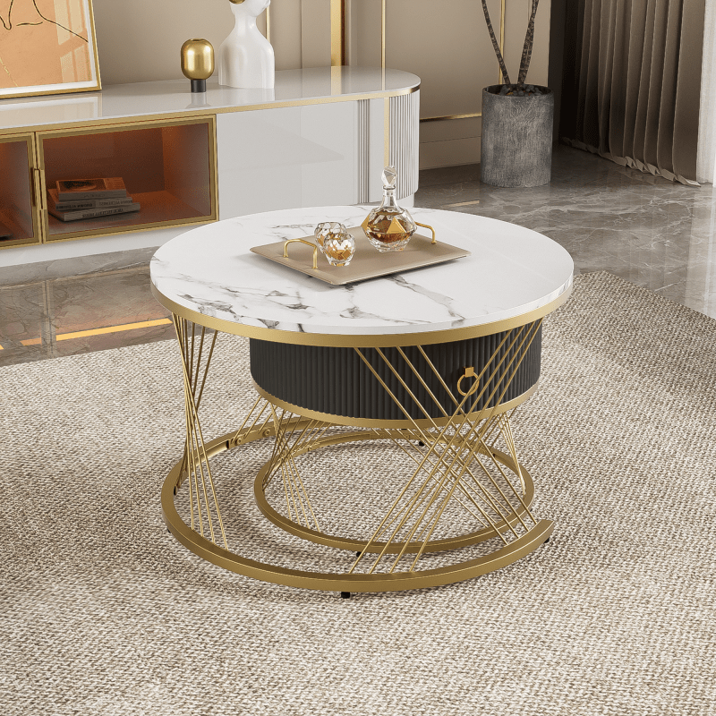 Salontafel – Koffietafel – Bijzettafel – Tafeltje – Woonkamertafel – Wit MDF Met Gouden Accenten – 2-Delige Set Met Lade En Verstelbare Pootjes