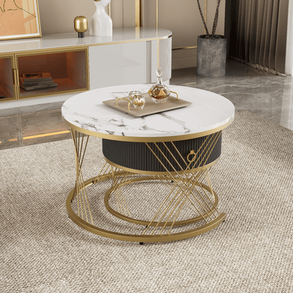 Salontafel – Koffietafel – Bijzettafel – Tafeltje – Woonkamertafel – Wit MDF Met Gouden Accenten – 2-Delige Set Met Lade En Verstelbare Pootjes