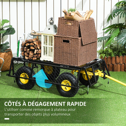 Tuinwagen – Transportwagen – Kar – Wagon – Aanhanger – Afneembare Zijden – 180° Draaibare Hendel – Stalen Frame 200 kg Draagkracht – Zwart/Geel