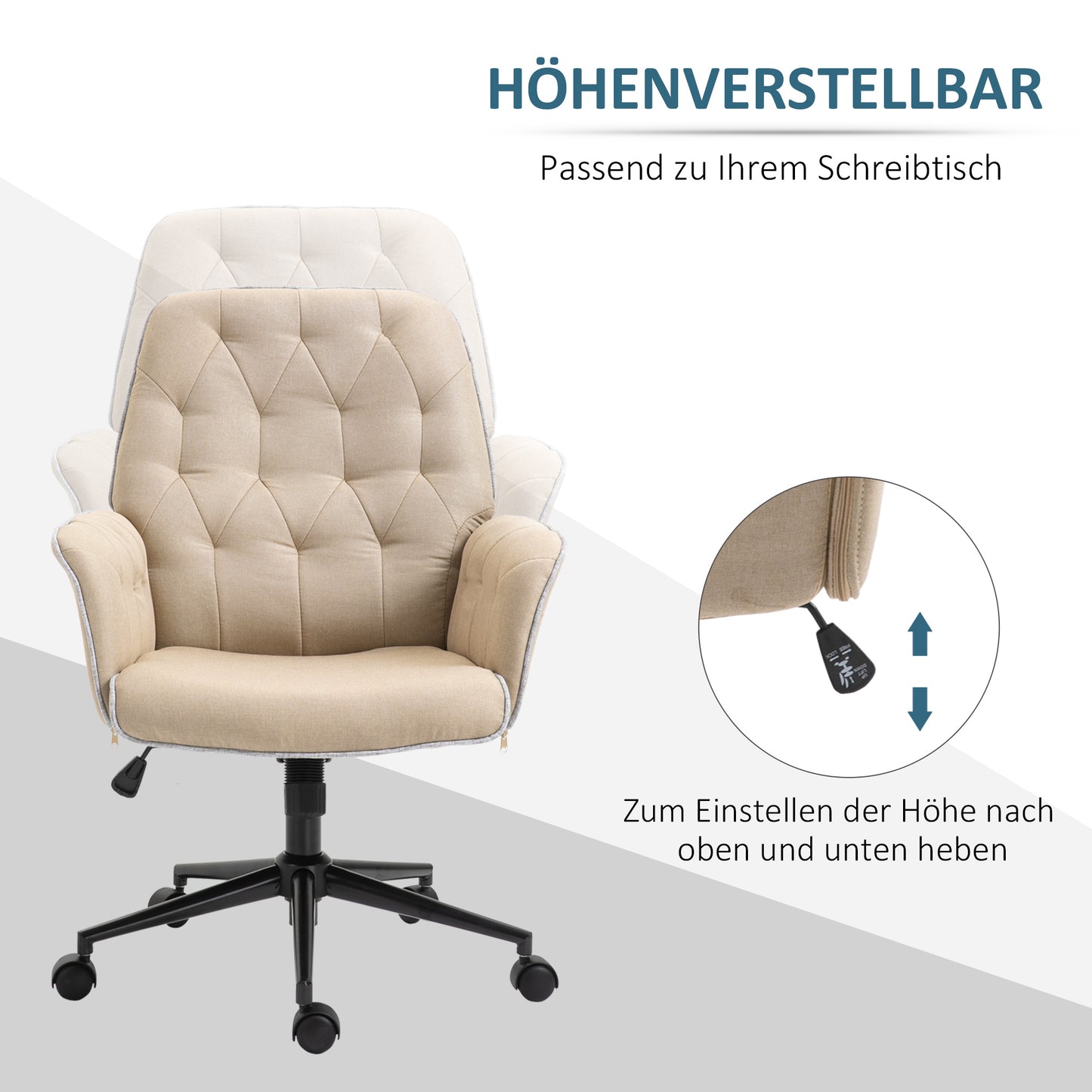 Bureaustoel – Office Chair – Kantoorstoel – Draaistoel – Bureaustoel – Verstelbare Hoogte – Kantelfunctie – Linnenstof – 360° Wieltjes – Beige – 66 x 69 x 89,5-97 cm