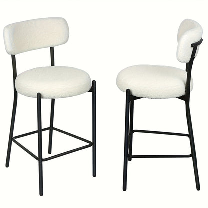 Set of 2 Modern Teddy Boucle Counter Height Chairs & Bar Stools - Plush Round Thick-Seated Padded Dining Set with Black Carbon Steel Frame, Kitchen, Cafe, Breakfast Nook Furniture for or Commercial Use - Easy Assembly