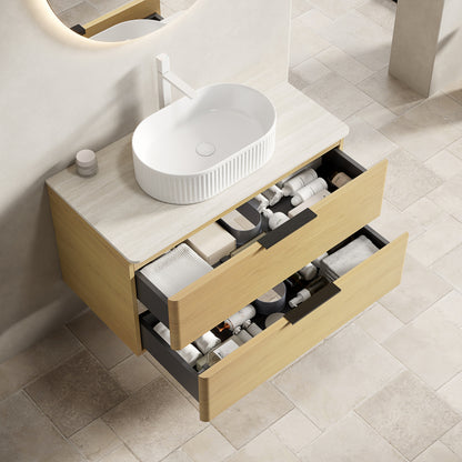 Badmeubel – Badkamermeubel – Wastafelmeubel – Onderbouwkast – Wastafel – 90 cm – Travertijn Sintered Stone Blad – Zwevend Multiplex Met Eiken Houtnerf