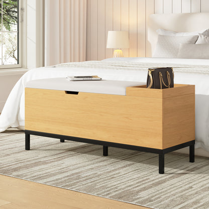 Opbergbank – Zitbank – Opbergbox – Halbank – Opbergkist – MDF Materiaal – Kantelbeveiliging – Comfortabele Zitting – 115x40x49,5 cm – Beige/Lichtgrijs