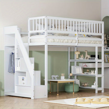 Hoogslaper – Stapelbed – Eenpersoonsbed – Kinderbed – Bed met Opbergruimte – 90 x 200 cm – Veiligheidsladder – Witte Multifunctionele Hoogslaper met Kast en Planken