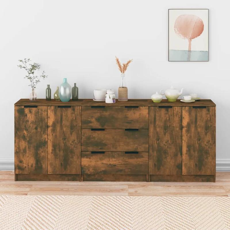 3-Tlg. Sideboard Smoked Oak Wood Material/Cabinets/Storage Boxes/Cabinets/Nightstands/Sideboards. This Cabinet Made of Robust Wood Material with a Smooth Surface Offers Stability And Is Moisture-Resistant. with Their Timeless