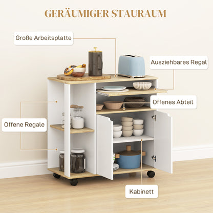 Serveerwagen – Keukentrolley – Keukenwagen – Serveerkar – Roltafel – Verstelbare Planken – 80x40x82 cm – Naturel Hout & Wit