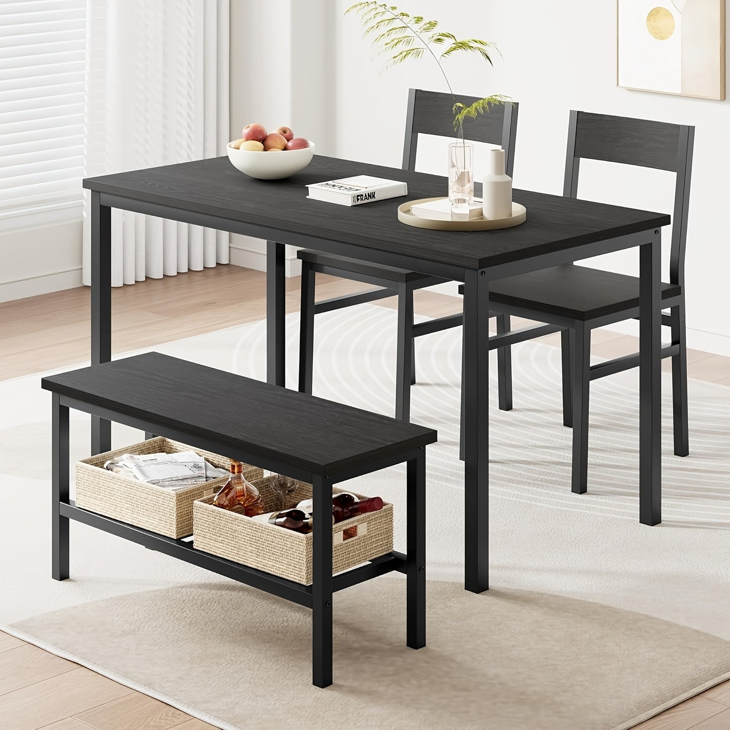 Dining Table Set for 4, Modern Kitchen Table with Chairs And Bench for Small Space, 4-Person Dining Room Table Set with Metal Frame And Storage Rack, Dinette Set for Apartment