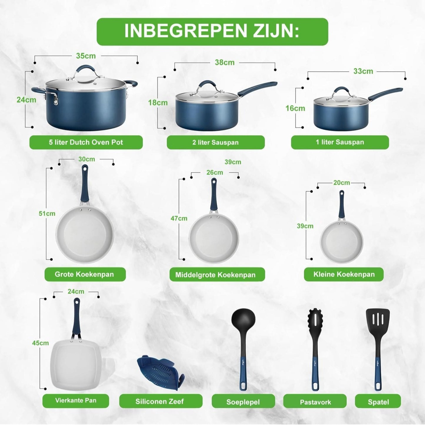14-delige Kookset – Pannenset – Keukengerei Set – Anti-aanbakpannen – Inductiegeschikt – Marineblauw Design – Keramische Coating – Hittebestendige Handgrepen
