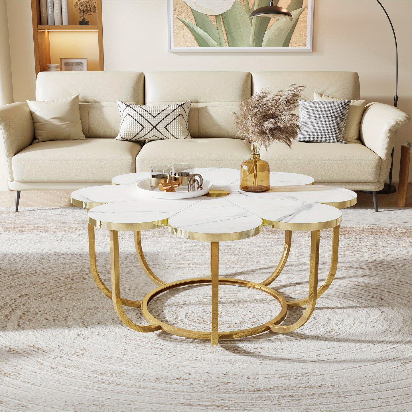 Salontafel – Koffietafel – Lounge Tafeltje – Bijzettafel – Woonkamertafel – Wit Goud – Extra Groot Tafelblad – Ruimtebesparend Metalen Frame