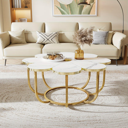 Salontafel – Koffietafel – Lounge Tafeltje – Bijzettafel – Woonkamertafel – Wit Goud – Extra Groot Tafelblad – Ruimtebesparend Metalen Frame