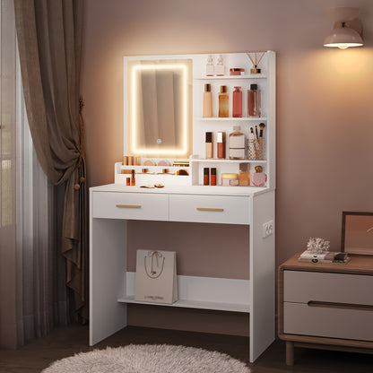 Kaptafel – Make-up tafel – Sieradendoos – Spiegelkast – Opbergmeubel – Wit – Verstelbare LED-verlichting – 2 Stopcontacten & 2 USB-poorten