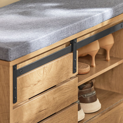 Schoenenrek – Schoenenkast – Schoenenhouder – Schoenenopberger – Schoenenbank – Schuifdeuren – Bamboe Materiaal – Zitkussen – Vintage Design – 80x35x48 cm