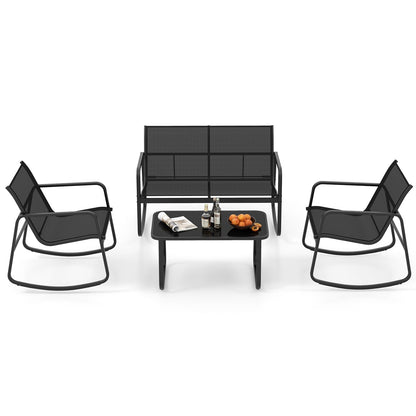 Tuinmeubelset – Tuinset – Loungeset – Balkonset – Terrasmeubilair – 4-Delige Zwart Met Rocking Stoelen – Met Veilig Schommelmechanisme en Versterkt Metaalframe