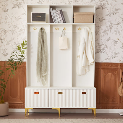 Witte Houten Kapstok – Wandkapstok – Garderoberek – Kapstok met Zitbank – Schoenkast – 4 Haken – Cushioned Opbergstoel – H180xB100xD35 cm