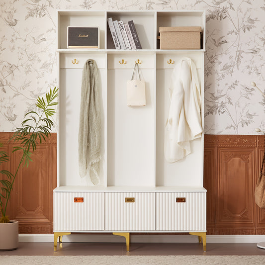 Witte Houten Kapstok – Wandkapstok – Garderoberek – Kapstok met Zitbank – Schoenkast – 4 Haken – Cushioned Opbergstoel – H180xB100xD35 cm