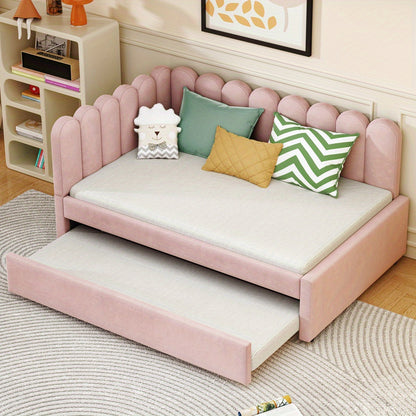 Slaapbank – Bedbank – Logeerbed – Sofa – Bank – L-vormig – Roze Velvet – Uittrekbaar Bed – 140x200 cm – Bloemvormige Rugleuning