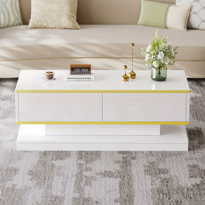 Salontafel – Woonkamertafel – Koffietafel – Bijzettafel – Coffee Table – Warm Wit Met Gouden Accenten – 2 Ruime Lades – 100 Cm Breed Met Stabiel Metalen Frame