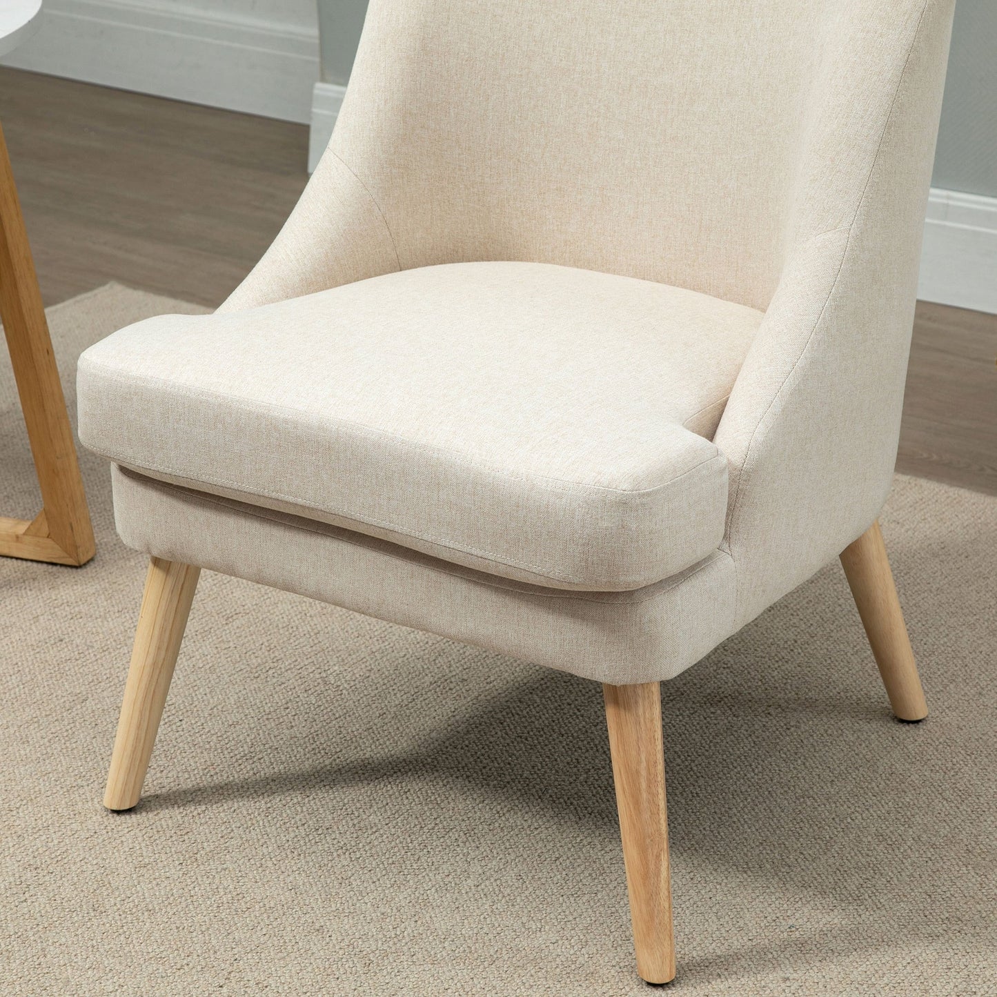 Loungestoel – Relaxstoel – Fauteuil – Armstoel – Linnenlook Stoel Crème – Houten Poten – Comfortabele Armleuningen