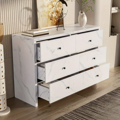 Opbergkast – Kast – Ladenkast – Bergkast – Dressoir – Wit Met Marmerlook – 120 cm Breed – Zes Lades Met Anti-Kantelmechanisme