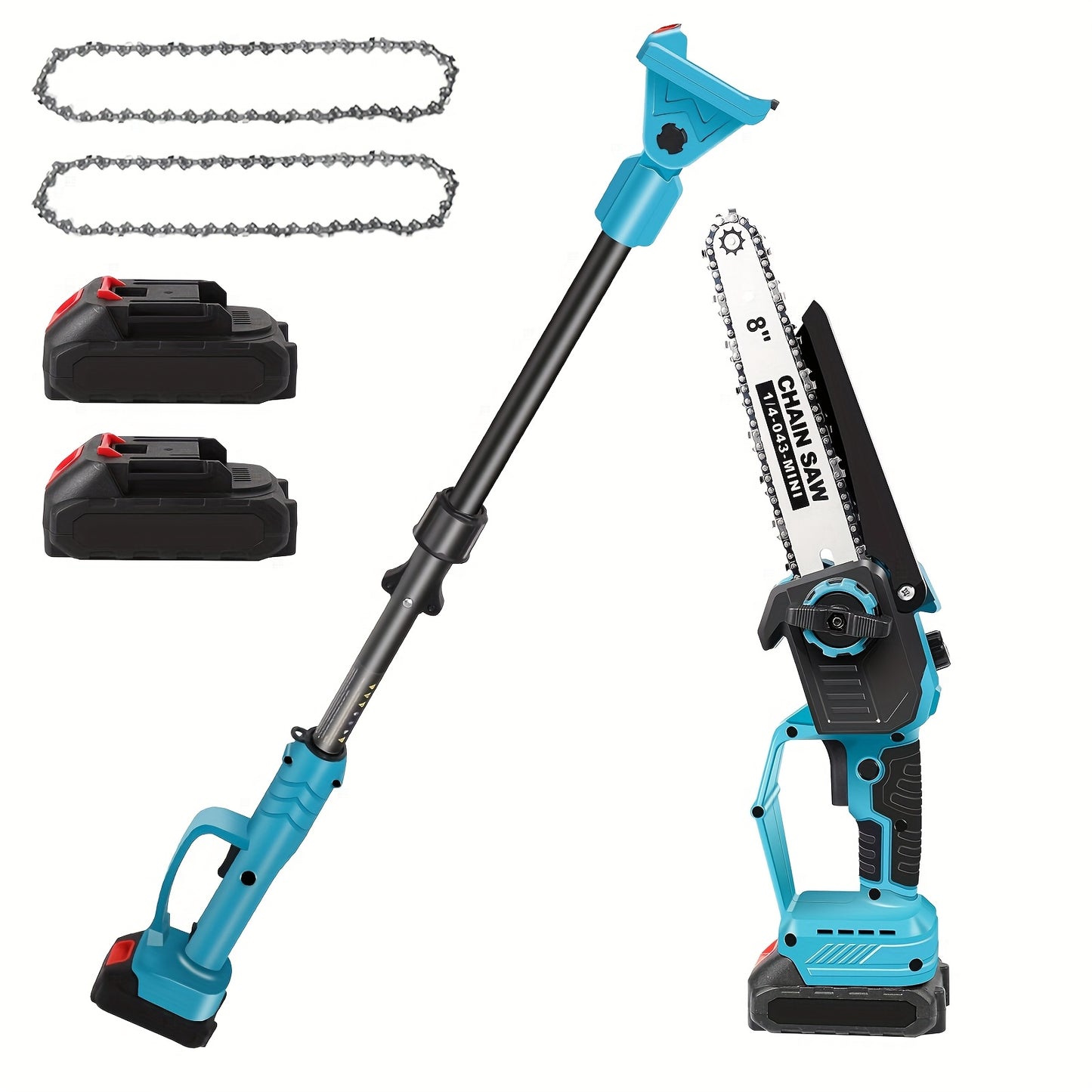 Elektrische Snoeizaag – Kettingzaag – Takkenzaag – Snoeistem – Accuzaag – Draadloos Met Uitschuifbare Steel – Krachtige Brushless Motor – 2x 3000mAh Batterijen – Blauw