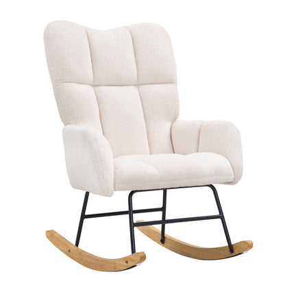 Schommelstoel – Schommelstoel Voor Babykamer – Wiegstoel – Relaxstoel – Nursing Chair – Zacht Teddy-Stof – Stevig Rubberhout Frame – Ivoor Wit