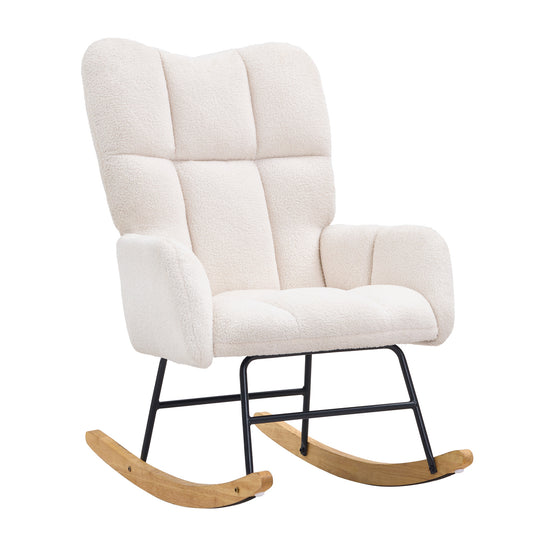 Schommelstoel – Schommelstoel Voor Babykamer – Wiegstoel – Relaxstoel – Nursing Chair – Zacht Teddy-Stof – Stevig Rubberhout Frame – Ivoor Wit