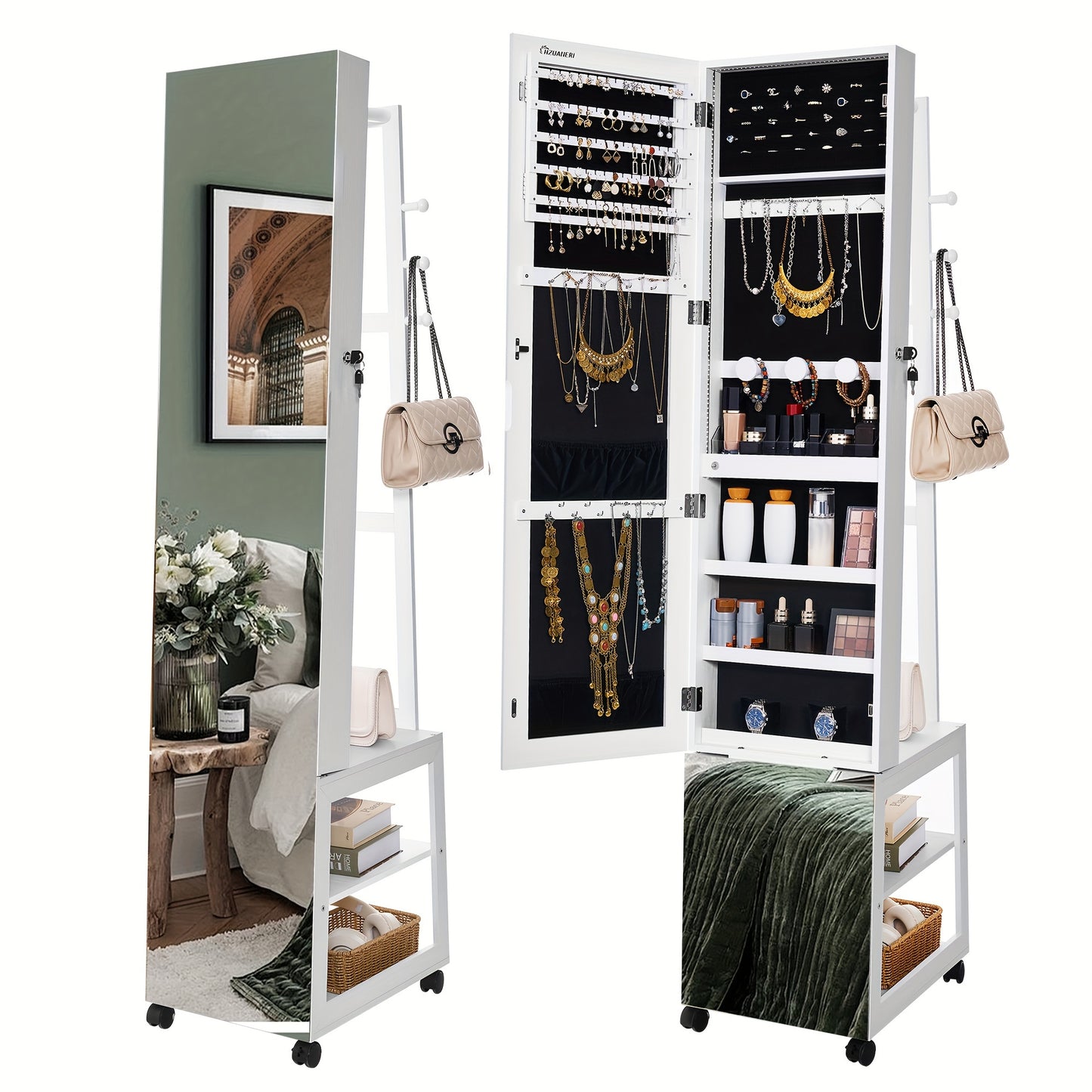 Sieradencabinet – Sieradendoos – Juwelendoos – Sieradenkast – Sieradenopberger – Volledige Spiegel 169 cm – Verplaatsbaar Met Wieltjes En Slot