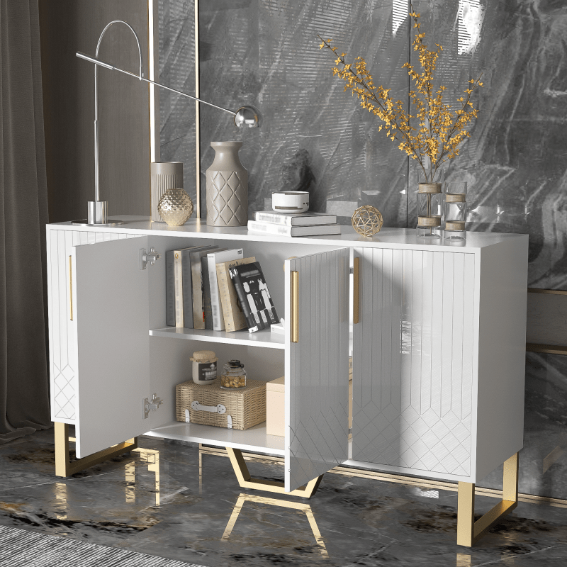 Dressoir – Ladekast – Opbergkast – Buffetkast – Kast – Hoogglans Wit – 4 Deuren – Metaal Handvatten & Poten – Geometrisch Design – 140x40x80 cm
