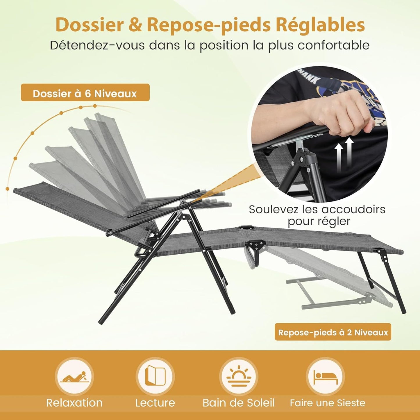Ligstoelen – Verstelbare Ligstoelen – Inklapbare Stoelen – Strandstoelen – Tuinstoelen – 6-Verstelbare Rugleuning – Stevig Metalen Frame